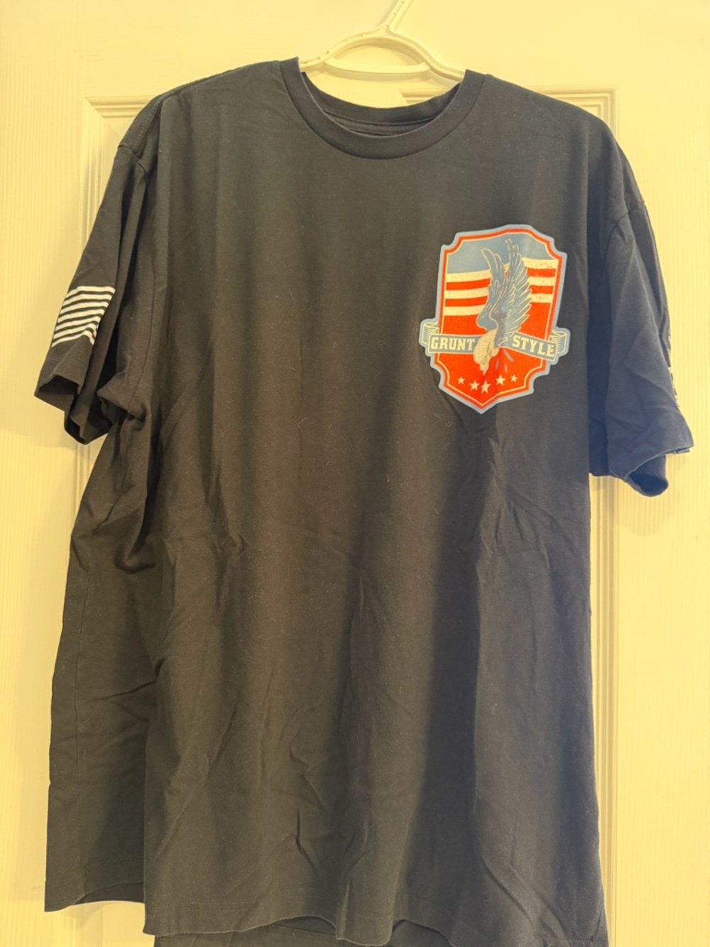 Grunt Style Black Tee with Red, White & Blue Shield Patch